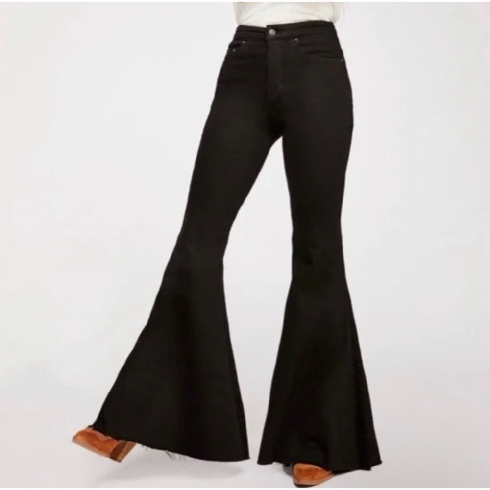 We The Free‎ People Flared Jeans 29 Black CRVY Denim High Rise Ma Cherie Lace Up